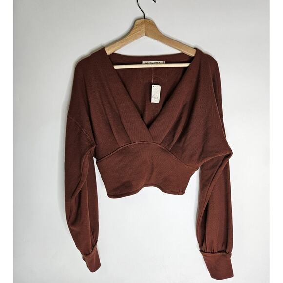 Free People All Nighter Tee Size Small Brown Cropped Waffle Knit Top Hip Boho - Picture 2 of 6